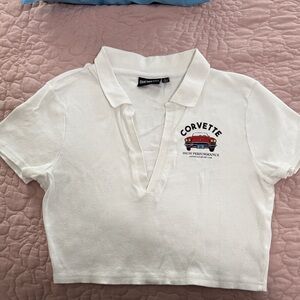 Chemistry White Cropped Polo with Red Corvette Graphic